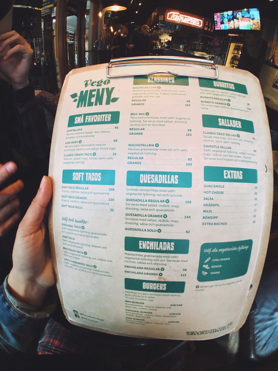 Menú de TACO BAR, restaurante con opciones veganas en Estocolmo.